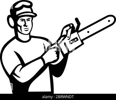 Black and White Illustration of an arborist, tree surgeon or lumberjack holding a chain saw viewed from front done in retro style. Stock Vector