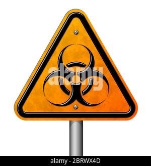 Yellow triangular sign of biological danger. The pointer is dirty on a metal pole. Stock Vector