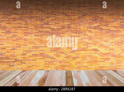 empty wooden deck table top Ready for product display montage with red brown brick texture background.. Stock Photo