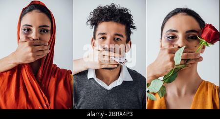 Collage of male and female hands covering mouth to african american man and indian woman with bruise isolated on grey Stock Photo