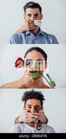 Collage of male hand holding dollars, rose and handcuffs near mouth of multiethnic people isolated on grey Stock Photo