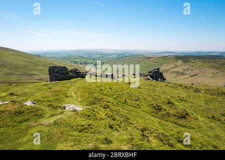 View of Hookney Tor and Challacombe Down, near Grimspound Bronze Age village, Dartmoor National Park, Devon, England, UK. Stock Photo