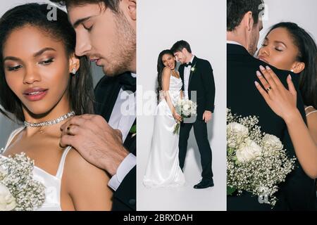 collage of handsome bridegroom in black suit and beautiful african american bride in white, satin wedding dress on white background Stock Photo
