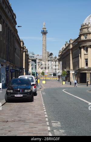 Newcastle upon Tyne, England, 20 May 2020. Grainger Street in Newcastle upon Tyne is quiet during the coronavirus lockdown with the public observing social distancing. Stock Photo