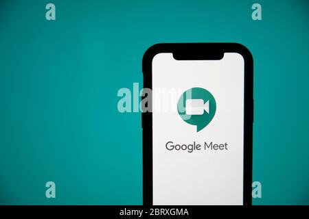 LONDON, UK - May 22 2020: Google Meet video meeting logo on a smartphone screen Stock Photo