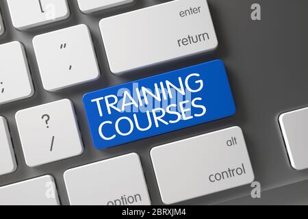Modern Laptop Keyboard with the words Training Courses on Blue Button. Concept of Training Courses, with Training Courses on Blue Enter Keypad on Mode Stock Photo