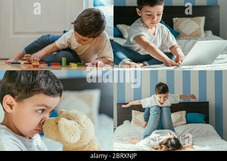 collage of toddler boy with outstretched hands lying on mother, playing with toys and using laptop at home Stock Photo
