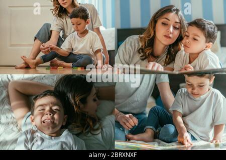 collage of mother and toddler son lying on bed, playing with toys and reading book at home Stock Photo