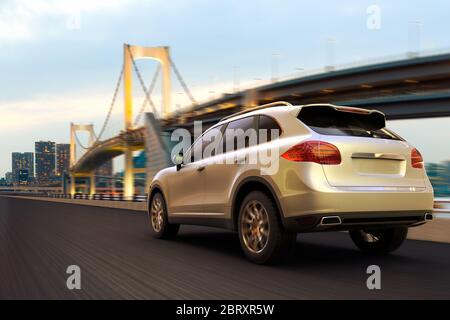 3D rendering on motion with an illuminated cityscape in the back. Stock Photo