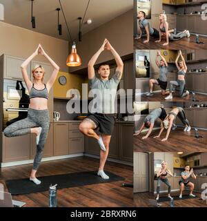 collage of sportive couple doing exercises and practicing yoga at home Stock Photo