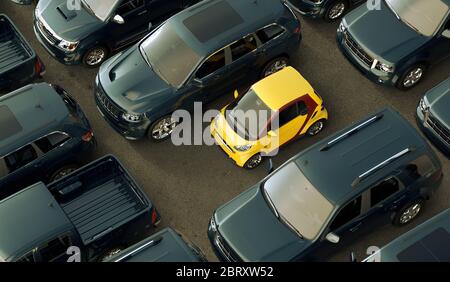 3D rendering of a conceptual image of a small eco friendly city cars contrasting with big oil consuming vehicles. Stock Photo
