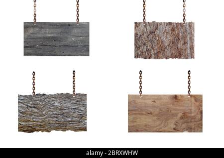 Old empty wooden signs hanging on chain isolated on white background. Stock Photo