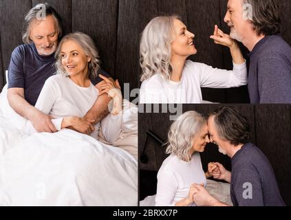 collage of happy mature woman pointing with finger at husband, holding hands and lying in bed Stock Photo