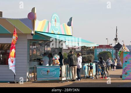20th May 2020. Great Yarmouth, UK. As restrictions ease some seasonal traders like Flavours Ice Cream & Coffee Bar in Great Yarmouth see a gradual return of business as more local people visit the resort's golden mile. Stock Photo