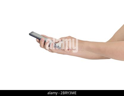 Side view of hands touching smartphone isolated on white background. with clipping path Stock Photo