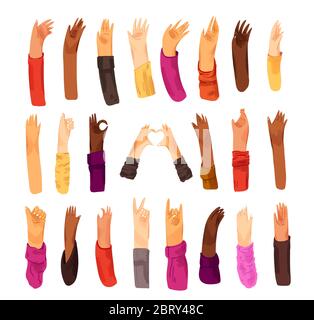 Human hand with collection of signs and hand gestures - ok, love, greetings, peace, waving hands. Man and woman of different nationality, multiracial Stock Vector