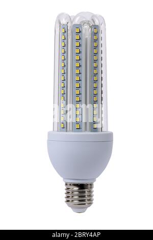 Led lamp with opaque glass bulb and E27 socket. White background. Stock Photo
