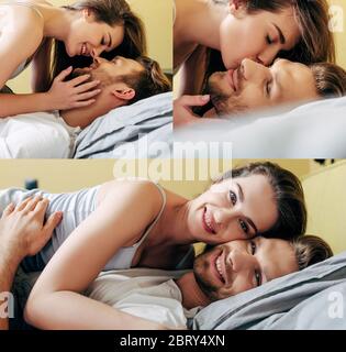 collage of happy couple smiling and kissing in bedroom Stock Photo