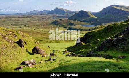 View south from The Quiraing trail, Trotternish Ridge, Isle of Skye, Scotland, UK  Beinn Edra (611M centre horizon), Cleat (336M behind Loch Leum na L Stock Photo