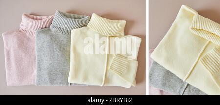 collage of pink, beige and grey knitted soft sweaters Stock Photo