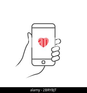 Hand holding smartphone.Red heart Stock Vector