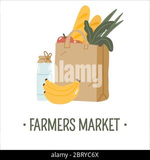 Hand drawn food in craft paper bag isolated on white background.  Stock Vector
