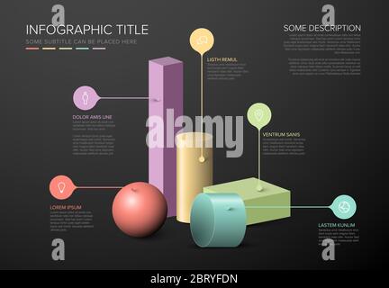 Vector dark multipurpose Infographic template with various color 3d shapes Stock Vector