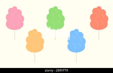 Collection of cotton candies of different flavors. Flat vector illustration of fluffy sweets on wooden sticks. Yummy treat for children offered in amusement or theme park Stock Vector