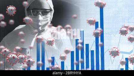 Healthcare worker wearing face mask over macro coronavirus covid19 cells spreading and blue graphs Stock Photo