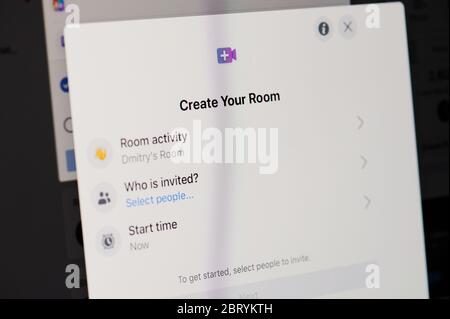 New-York , USA - May 22 , 2020: Creating virtual room in facebook main page close up view on laptop screen Stock Photo