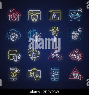 Internet security system neon light icons set Stock Vector