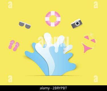 Colorful hello summer concept with splash water and decoration in paper cut style. Digital craft paper art summer season. slippers, swim ring, sun gla Stock Vector