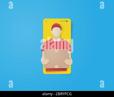Online delivery concept with smartphone and delivery man carried the package in paper cut style. Digital craft paper art. Stock Vector