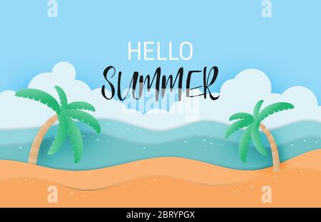Hello summer with landscape sand and sea poster or banner in paper cut style. Vector illustration holiday season. Stock Vector
