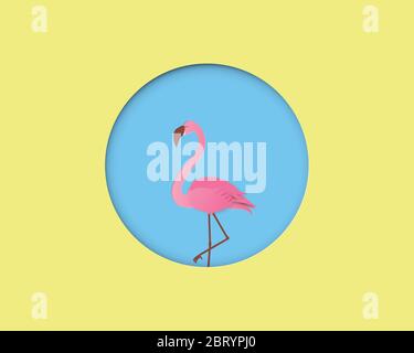 Flamingo bird on blue background with yellow circle frame in paper cut style. Digital craft paper art. Stock Vector