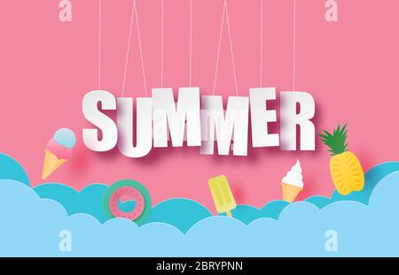 Hello summer banner or poster with hanging text and decoration in paper cut style. Vector illustration digital craft paper art. wallpaper, backdrop, s Stock Vector