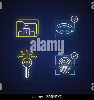 Personal information protection neon light icons set Stock Vector