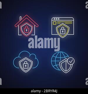 Internet security system neon light icons set Stock Vector