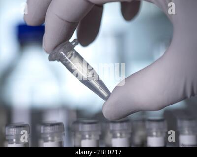Scientist preparing DNA samples ready for automated analysis in the lab handling eppendorf tubes. Stock Photo
