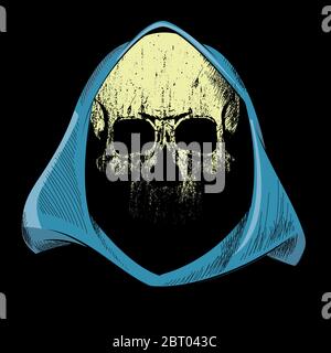 Character design with yellow skull under light blue hood isolated on black Stock Vector