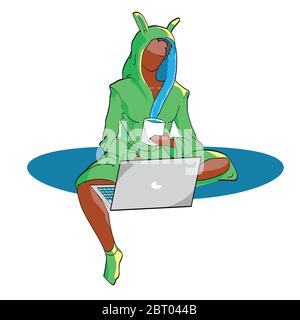 Sketch girl of a young girl in a dressing gown sitting working at home isolated on white Stock Vector