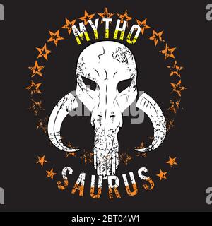 Vector design for t-shirt of a fantastic skull with white horns, with a circle of stars and letters on a black background. Stock Vector