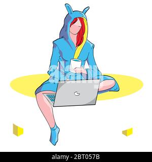 Sketch girl of a young girl in a dressing gown sitting working at home isolated on white Stock Vector