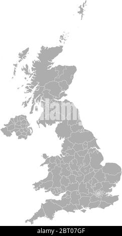 Detailed vector maps of the United Kingdom regions and administrative areas in grey color Stock Vector