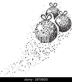 Three Christmas balls mades with a plot of points that fly to draw the figure on white background Stock Vector