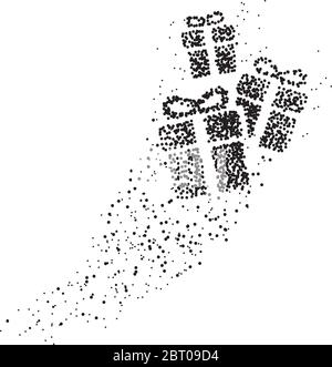 Gift boxes made with a plot of points that fly to draw the figure on white background Stock Vector