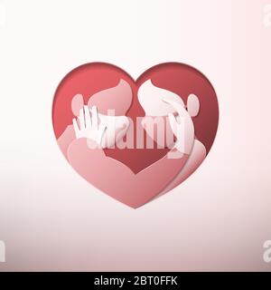 Side view of man and woman wearing medical face masks and rubber gloves, caressing each other inside heart shaped frame in paper art style Stock Vector