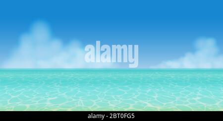 Realistic clear turquoise summer sea water in panoramic view with blue sky and clouds Stock Vector