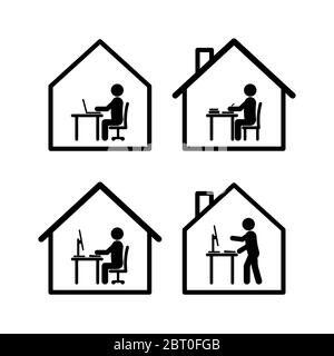 Work at home symbol set in black and white stick figure style in several actions with computers, tables, books and simplified houses Stock Vector