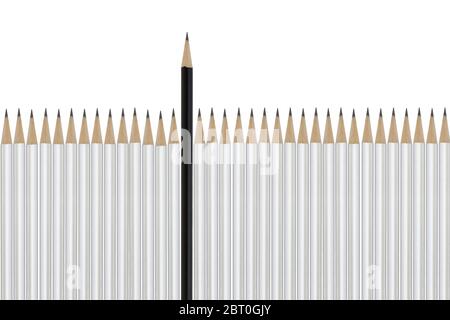 Black pencil among white pencils signifying difference beating the odds success Stock Photo